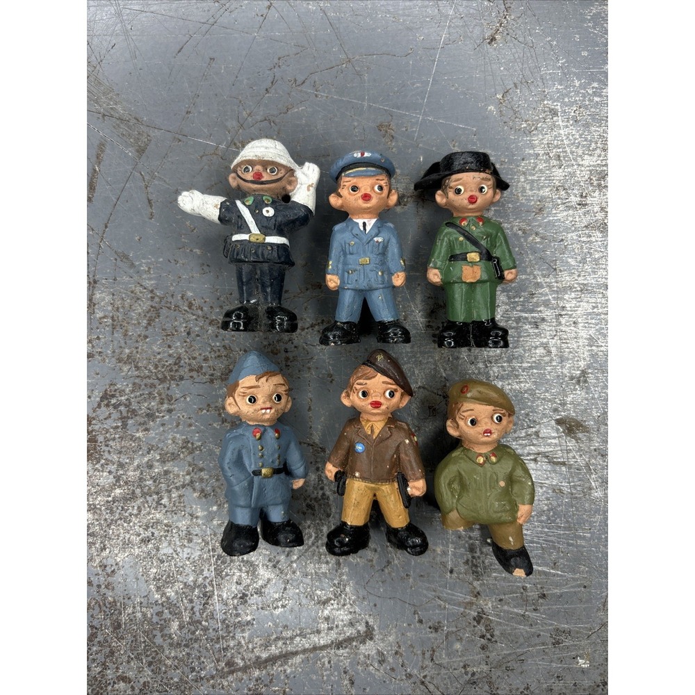 Lot 6 Vintage Spanish Mud People Mini Clay Figurines 2" Hand Painted Navy Police